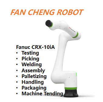 Used FANUC CRX-10iA collaborative robot, 10 kg payload, 1249 mm reach. Popular mid-size cobot for machine tending, arc welding, material handling and assembly. Low running hours, full function tested.